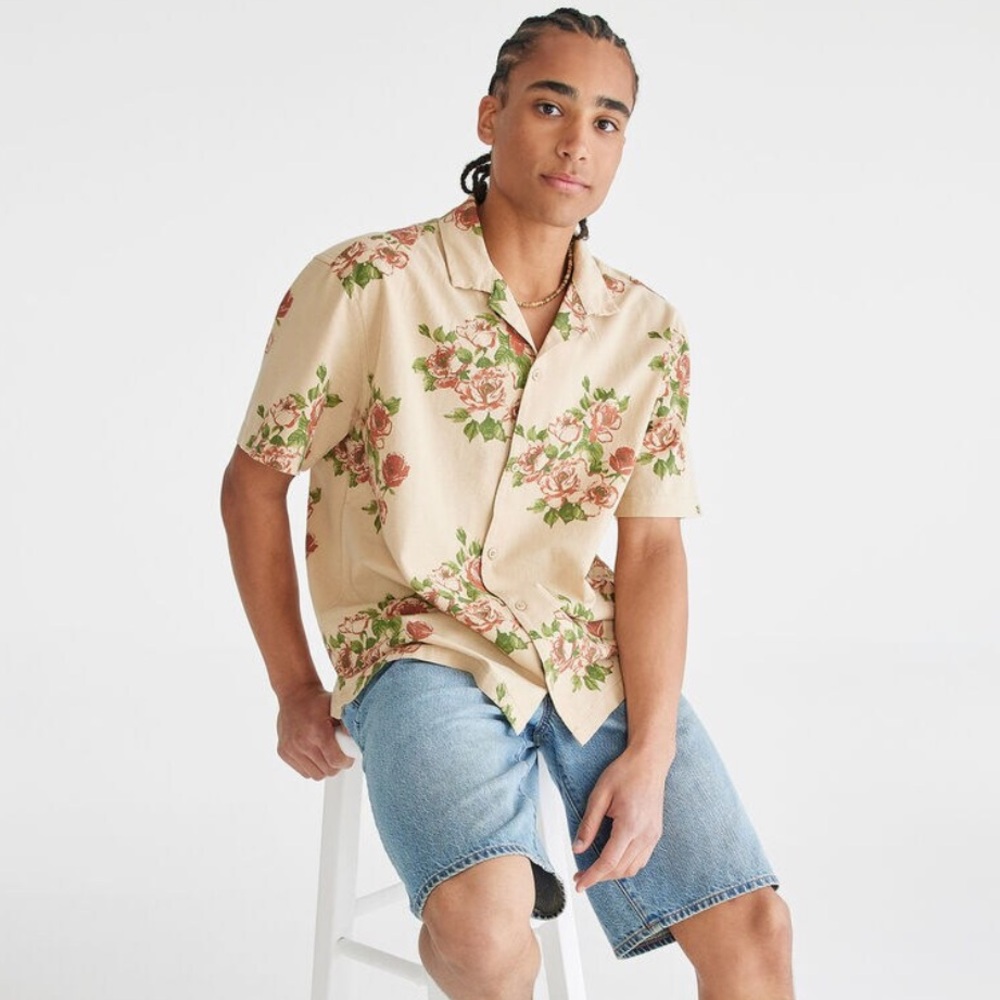 Men’s Boho Desert Floral Beige Short Sleeve Shirt